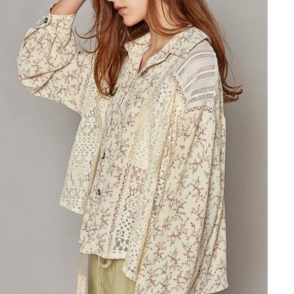 POL floral top - patch top - lace crochet button down top medium/large Boutique - Picture 1 of 11